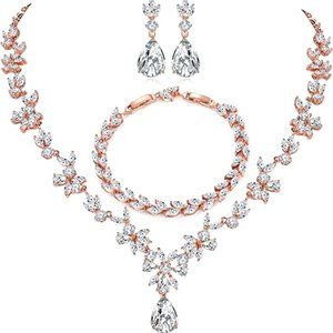 Women, Necklace Dangle Earrings Bracelet Set, White Gold Plated Jewelry Set with